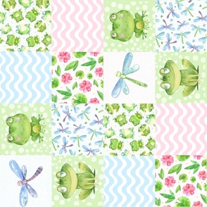 Rotated Bigger Scale Patchwork 6" Squares Friendly Frog Pink and Blue for Cheater Quilt or Blanket