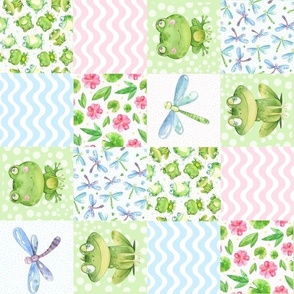 Rotated Smaller Scale Patchwork 3" Squares Friendly Frog Pink and Blue for Cheater Quilt or Blanket