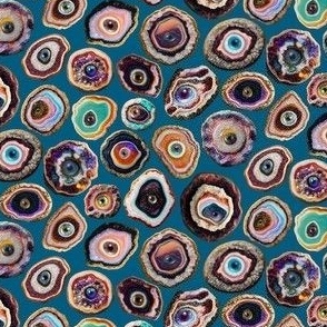 Agate Slices with Eyeballs - Ditsy Scale - Blue Background - Evil Eye, Realistic, Weird, Mystical, Gothic, Witchy, Horror