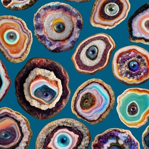 Agate Slices with Eyeballs - Large Scale - Blue Background - Evil Eye, Realistic, Weird, Mystical, Gothic, Witchy, Horror