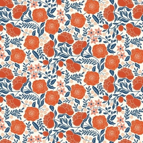 Beautiful Peonies and Rose Garden Retro Blue and Red Small