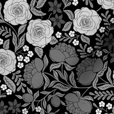 Beautiful Peonies and Rose Garden Grayscale on Black Small