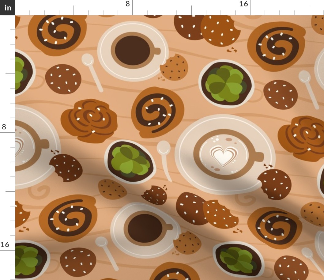 Cute seamless pattern with fika swedish traditional break foods and drinks