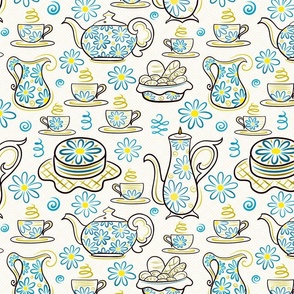 Dessert Tea Party Time With Sweet Treats - Whimsical Cute Aesthetic Cozy Teapot & Cup of Joy - Botanical Chamomile Summer Floral Mood  -  Maximalist Folk - Neutral Pastel Cream Beige Texture - Cyan Blue Dark Golden Yellow - Small