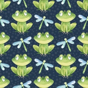 Large Scale Friendly Frogs and Dragonflies on Navy