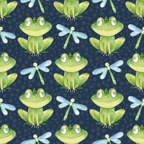 Medium Scale Friendly Frogs and Dragonflies on Navy