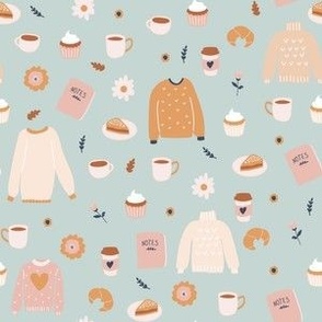Small Cozy Coffee Break with Sweet Pastries sweater weather work from home on robin egg blue