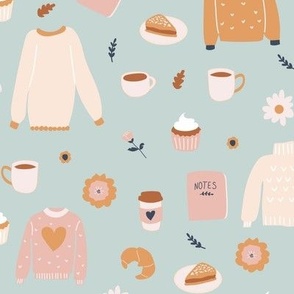 Cozy Coffee Break with Sweet Pastries sweater weather work from home on robin egg blue