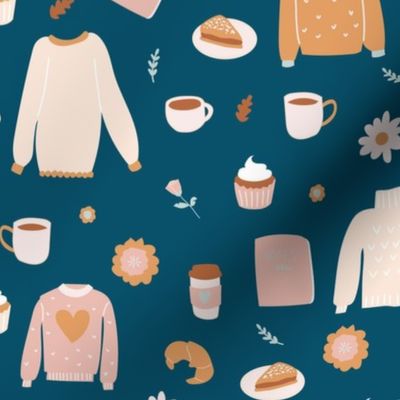 Cozy Coffee Break with Sweet Pastries sweater weather work from home on Blue