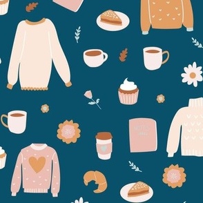 Cozy Coffee Break with Sweet Pastries sweater weather work from home on Blue