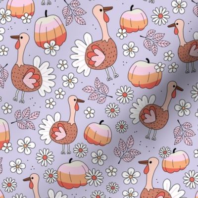 happy thanksgiving turkey day happy holidays autumn cutesie birds pumpkins and flowers seventies retro pink orange lilac purple girls