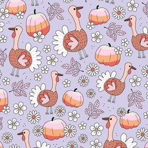happy thanksgiving turkey day happy holidays autumn cutesie birds pumpkins and flowers seventies retro pink orange lilac purple girls