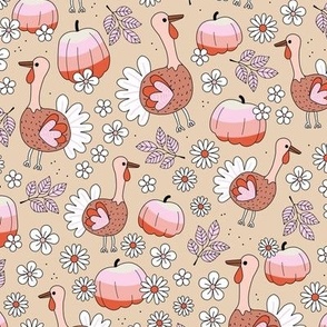 happy thanksgiving turkey day happy holidays autumn cutesie birds pumpkins and flowers seventies retro pink blush red on tan girls