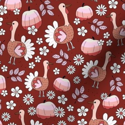 happy thanksgiving turkey day happy holidays autumn cutesie birds pumpkins and flowers seventies retro red pink burgundy girls palette