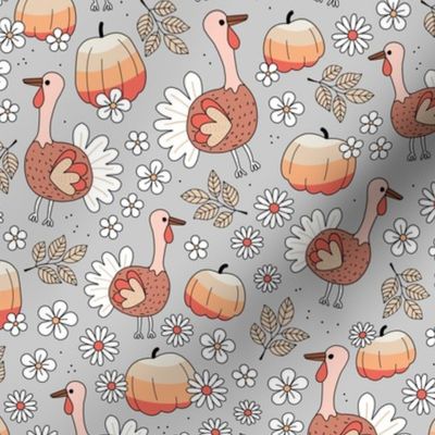 happy thanksgiving turkey day happy holidays autumn cutesie birds pumpkins and flowers orange brown gray seventies palette