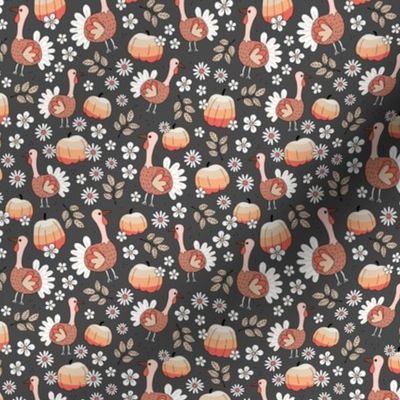 happy thanksgiving turkey day happy holidays autumn cutesie birds pumpkins and flowers seventies retro orange brown on charcoal gray SMALL