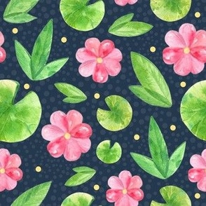 Medium Scale Lily Pads and Pink Flowers on Navy