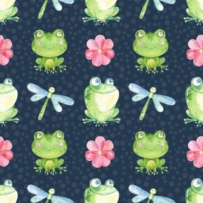 Large Scale Friendly Frogs Dragonflies and Flowers on Navy