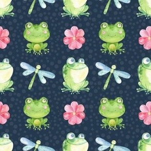 Medium Scale Friendly Frogs Dragonflies and Flowers on Navy