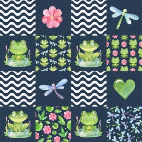 Smaller Scale Patchwork 3" Squares Friendly Frogs Dragonflies and Flowers on Navy