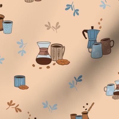 Fika Coffee Time, Coffee beans, pots and mugs on peach 