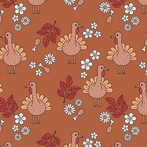 Thanksgiving flower garden and cutesie freehand turkey birds illustration pattern kids design retro seventies rust burnt orange