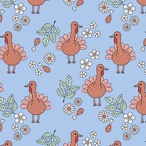 Thanksgiving flower garden and cutesie freehand turkey birds illustration pattern kids design retro blush pink blue green