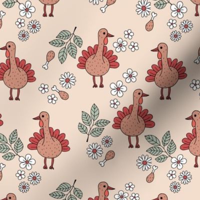Thanksgiving flower garden and cutesie freehand turkey birds illustration pattern kids design retro seventies green vintage red on blush