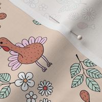 Thanksgiving flower garden and cutesie freehand turkey birds illustration pattern kids design retro seventies brown pink mint girls palette on vanilla cream