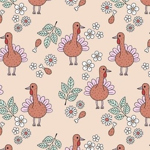 Thanksgiving flower garden and cutesie freehand turkey birds illustration pattern kids design retro seventies brown pink mint girls palette on vanilla cream