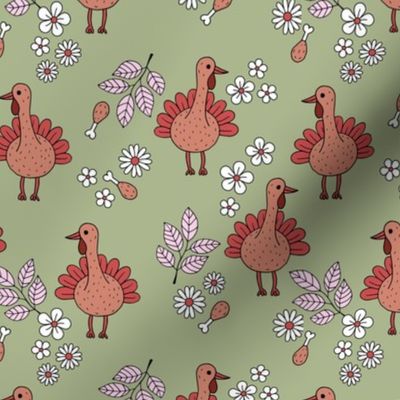 Thanksgiving flower garden and cutesie freehand turkey birds illustration pattern kids design retro pink orange on sage green
