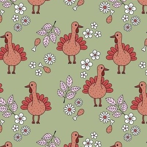 Thanksgiving flower garden and cutesie freehand turkey birds illustration pattern kids design retro pink orange on sage green