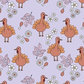Thanksgiving flower garden and cutesie freehand turkey birds illustration pattern kids design retro seventies pink on lilac purple