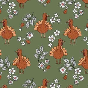 Thanksgiving flower garden and cutesie freehand turkey birds illustration pattern kids design retro seventies orange rust on olive green