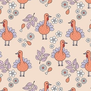 Thanksgiving flower garden and cutesie freehand turkey birds illustration pattern kids design retro seventies orange blush pink lilac pastel palette