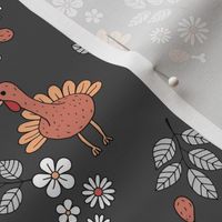 Thanksgiving flower garden and cutesie freehand turkey birds illustration pattern kids design retro seventies rust burnt orange on charcoal