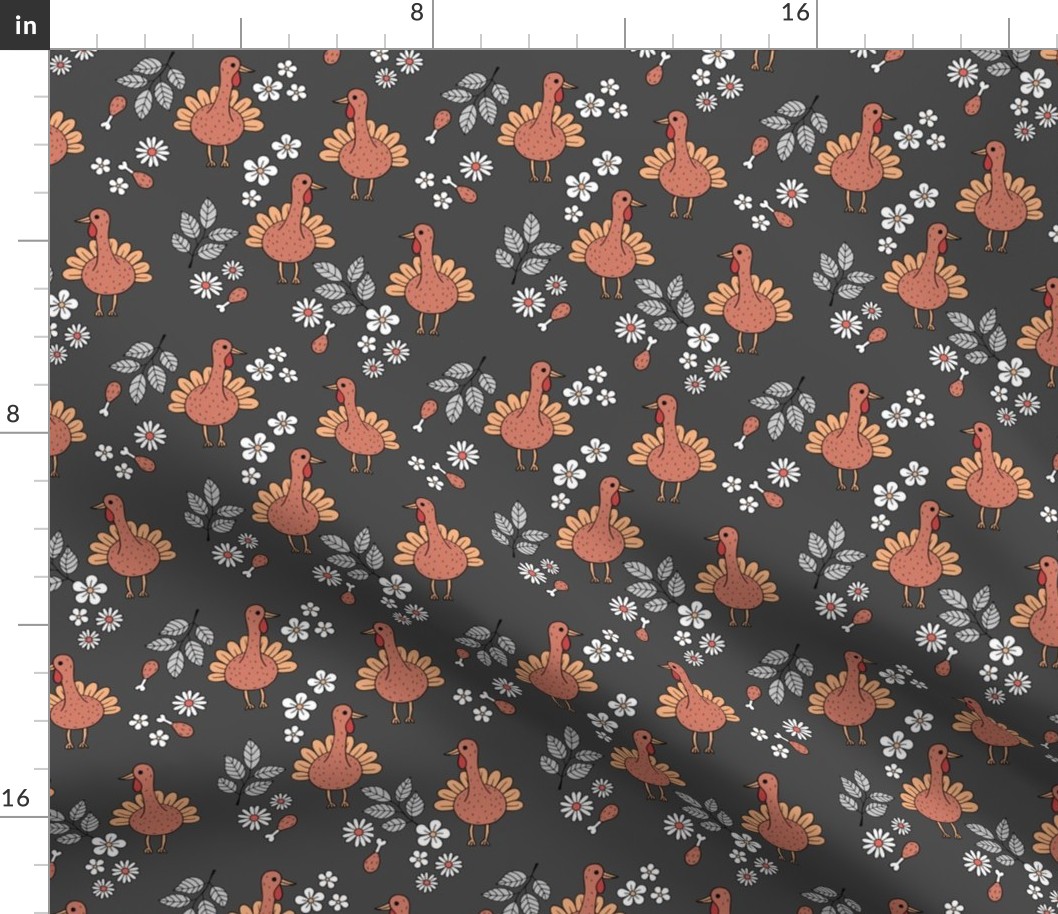 Thanksgiving flower garden and cutesie freehand turkey birds illustration pattern kids design retro seventies rust burnt orange on charcoal