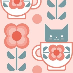 Coffee with Cats- Fika- Coral Background- Large Mid Century Geometric Floral- Geometric Cat- Coffe Break