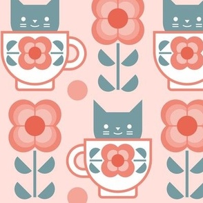 Coffee with Cats- Fika- Coral Background- Medium Mid Century Geometric Floral- Geometric Cat- Coffe Break