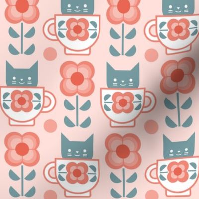 Coffee with Cats- Fika- Coral Background- Small Mid Century Geometric Floral- Geometric Cat- Coffe Break