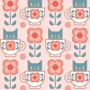 Coffee with Cats- Fika- Coral Background- Small Mid Century Geometric Floral- Geometric Cat- Coffe Break