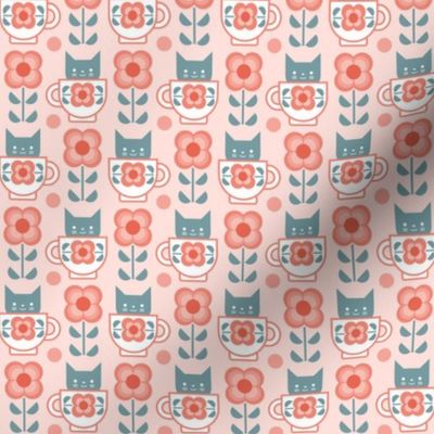 Coffee with Cats- Fika- Coral Background- Mini Mid Century Geometric Floral- Geometric Cat- Coffe Break