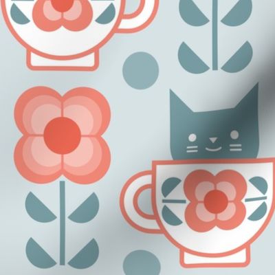 Coffee with Cats- Fika- Mint Background- Large Mid Century Geometric Floral- Geometric Cat- Coffe Break