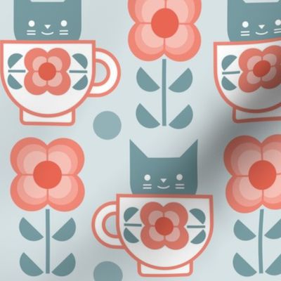 Coffee with Cats- Fika- Mint Background- Medium Mid Century Geometric Floral- Geometric Cat- Coffe Break
