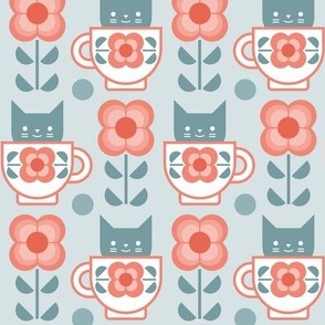 Coffee with Cats- Fika- Mint Background- Small Mid Century Geometric Floral- Geometric Cat- Coffe Break