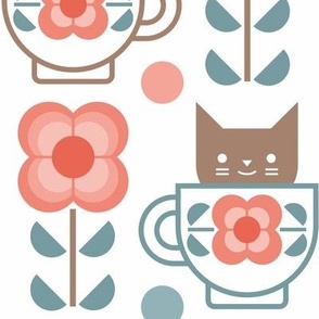 Coffee with Cats- Fika- White Background- Large Mid Century Geometric Floral- Geometric Cat- Coffe Break