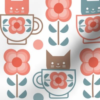 Coffee with Cats- Fika- White Background- Medium Mid Century Geometric Floral- Geometric Cat- Coffe Break