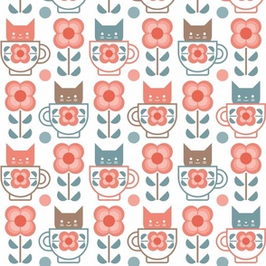 Coffee with Cats- Fika- White Background- Medium Mid Century Geometric Floral- Geometric Cat- Coffe Break
