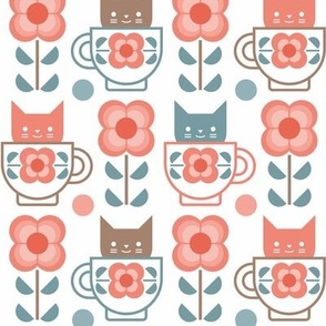 Coffee with Cats- Fika- White Background- Small Mid Century Geometric Floral- Geometric Cat- Coffe Break