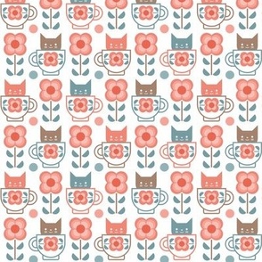 Coffee with Cats- Fika- White Background- Mini Mid Century Geometric Floral- Geometric Cat- Coffe Break